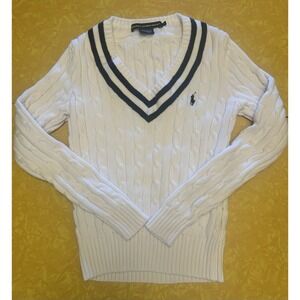VTG Y2K Ralph Lauren Sport White & Blue Sweater Cotton Preppy Classic Womens M